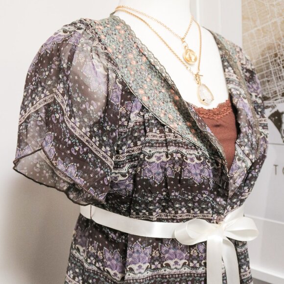 Sheer Floral Short Sleeve Button Front Babydoll Blouse 🧚‍♂️ JAPANESE BRAND - Picture 3 of 11